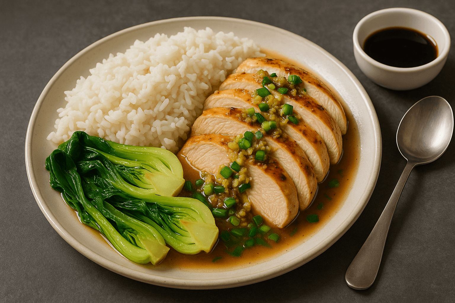 Ginger-Scallion Poached Chicken with Steamed Bok Choy and Rice